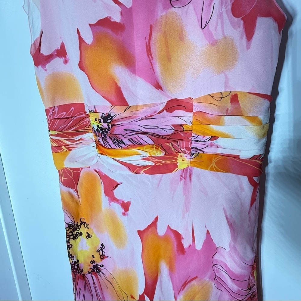 Escada Silk Floral Sleeveless Midi Dress Pink Orange Size 42 - Picture 4 of 9